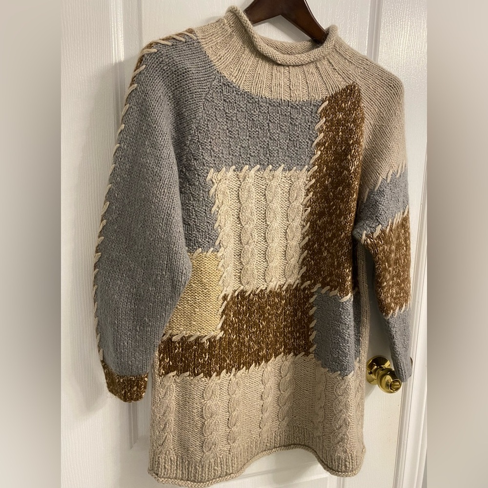 Vintage Patchwork Cable Knit Sweater Wool Cotton Blend Retro Size Medium - Picture 2 of 13